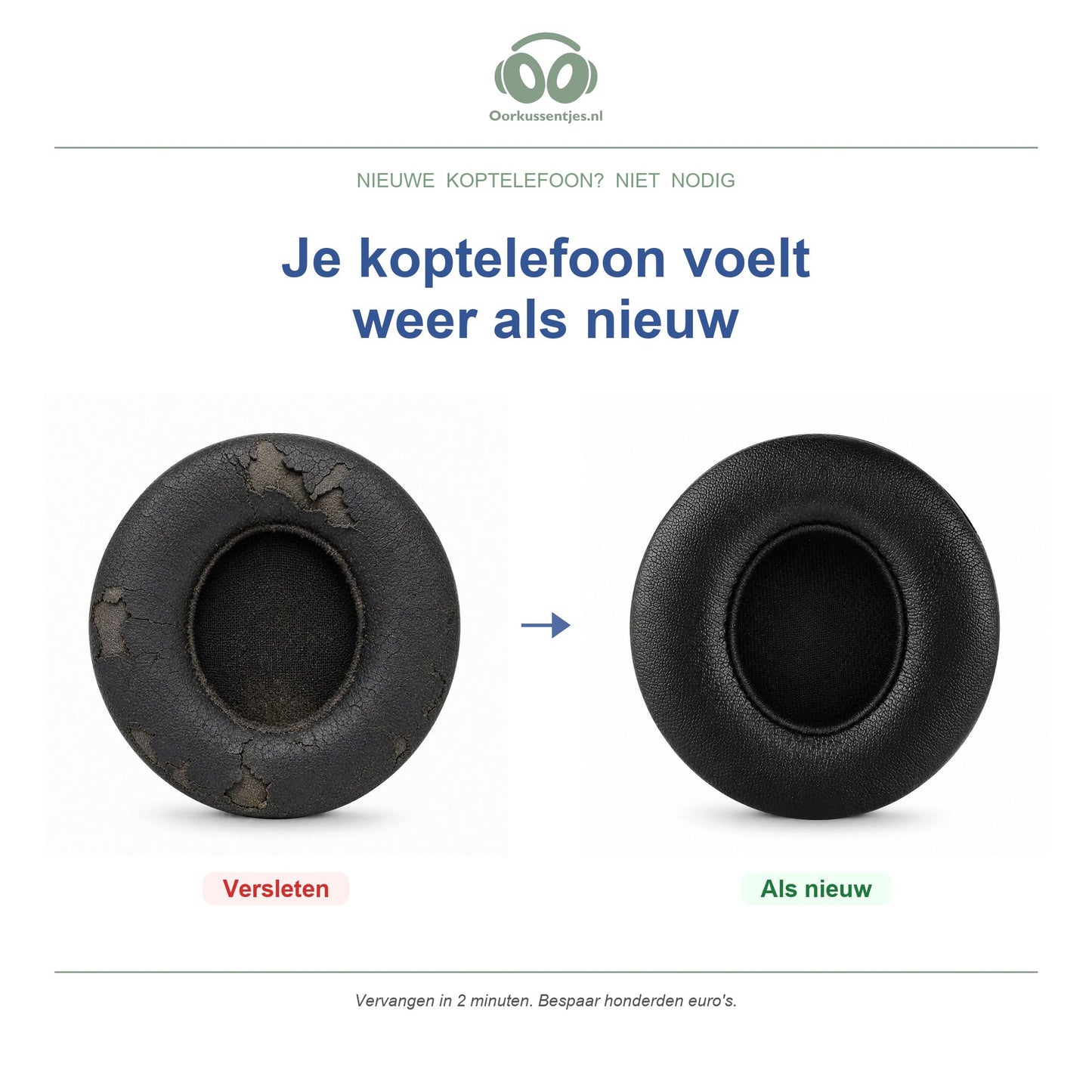 Oorkussens voor Beats Solo 2 Wired – Geschikt voor Beats Solo 2 Wired (B0518) — Before and after